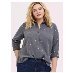 Torrid Womens Taylor Cotton Embroidered Button-Front Shirt gray size 2x plus